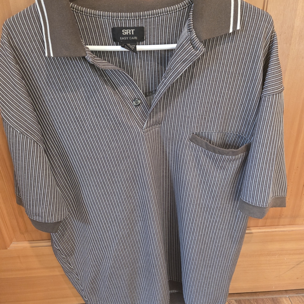 Men's Easy Care Striped Polo Shirt - Dark Olive Green and White